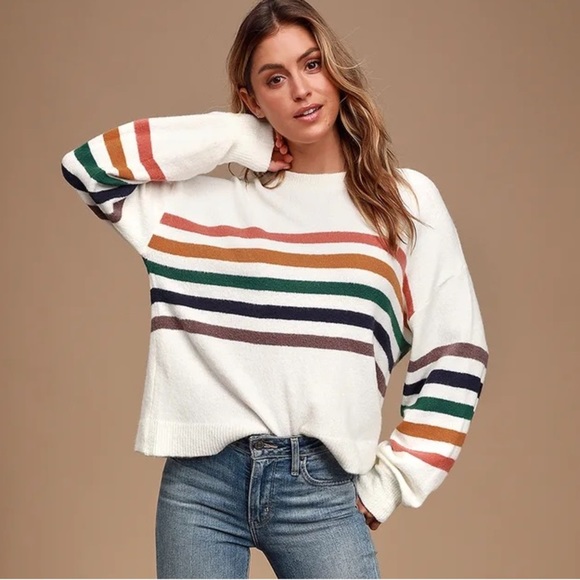 Lulus Heart to Heart Striped Sweater in Ivory Multi Size Small - Picture 1 of 10